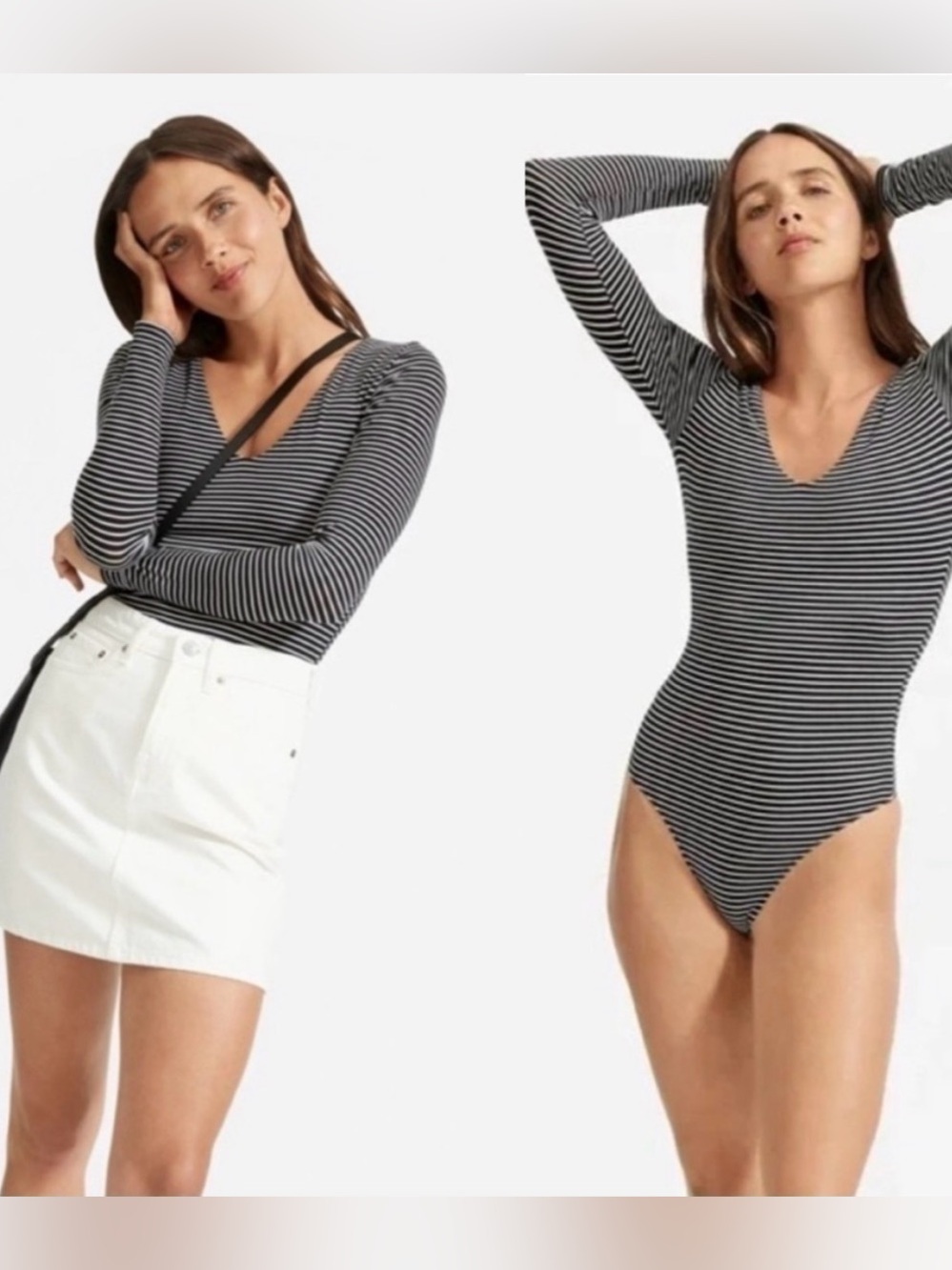 Everlane Black and White Striped Long-Sleeve V‑Neck Bodysuit size small